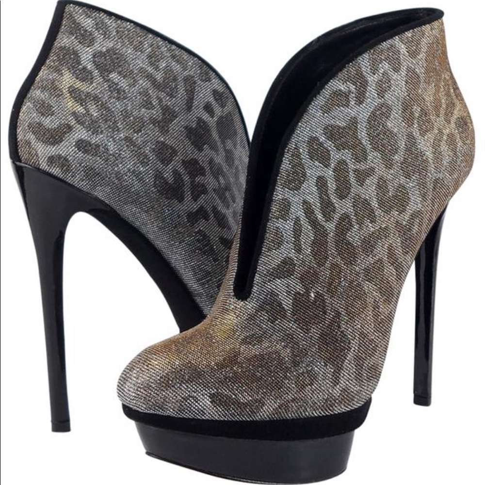 Brian Atwood Leopard Glitter Fortosa Platform High Heel Booties. Size 7.
